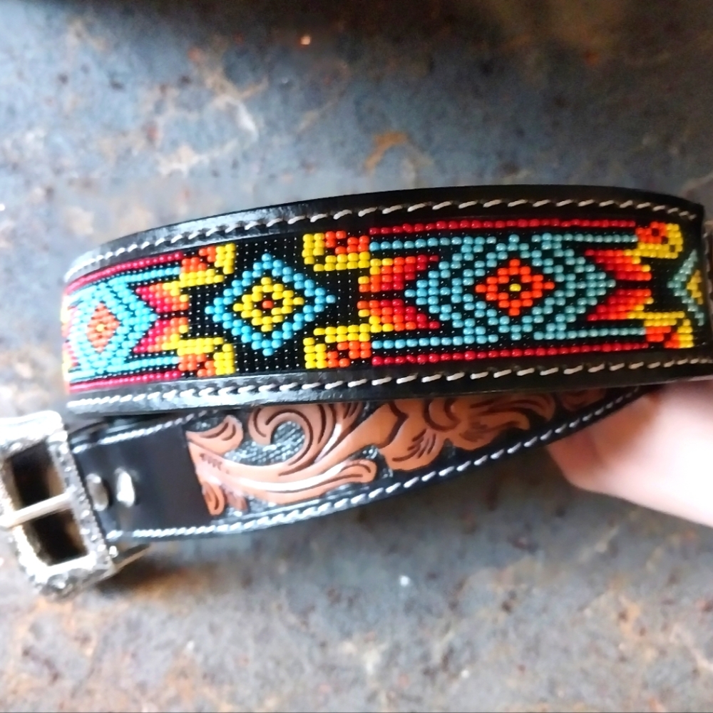 NWT Handmade Beaded Hand-tooled Leather Belt Genuine Leather unisex